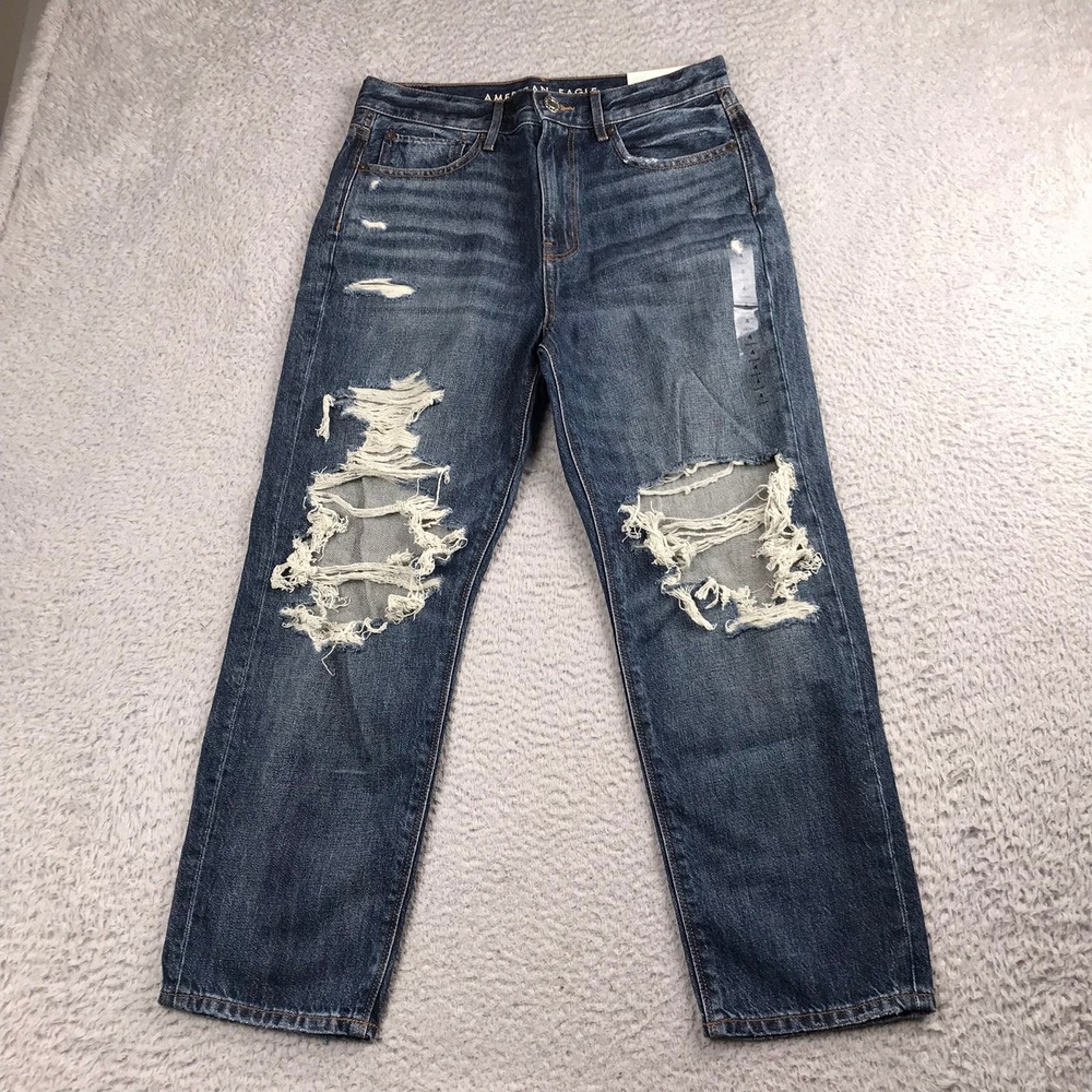 American Eagle 90s Boyfriend Jeans Women 4 Short Blue Distressed NEW‎ NWT